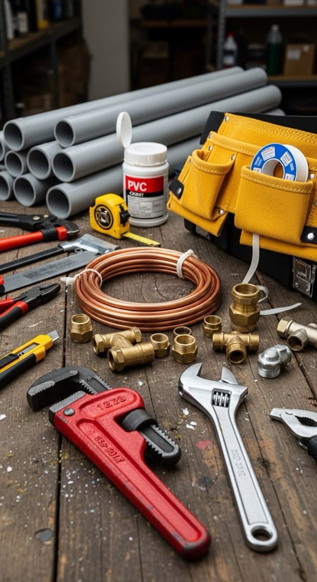 Plumbing tools — copper pipe, brass fittings and a tool pouch